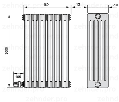 Схема (чертеж) Радиатор Zehnder Charleston 6300/10 №V003 Белый глянцевый RAL 9016